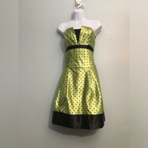 Jessica McClintock Lime Green and Black Polka Dot Strapless Dress